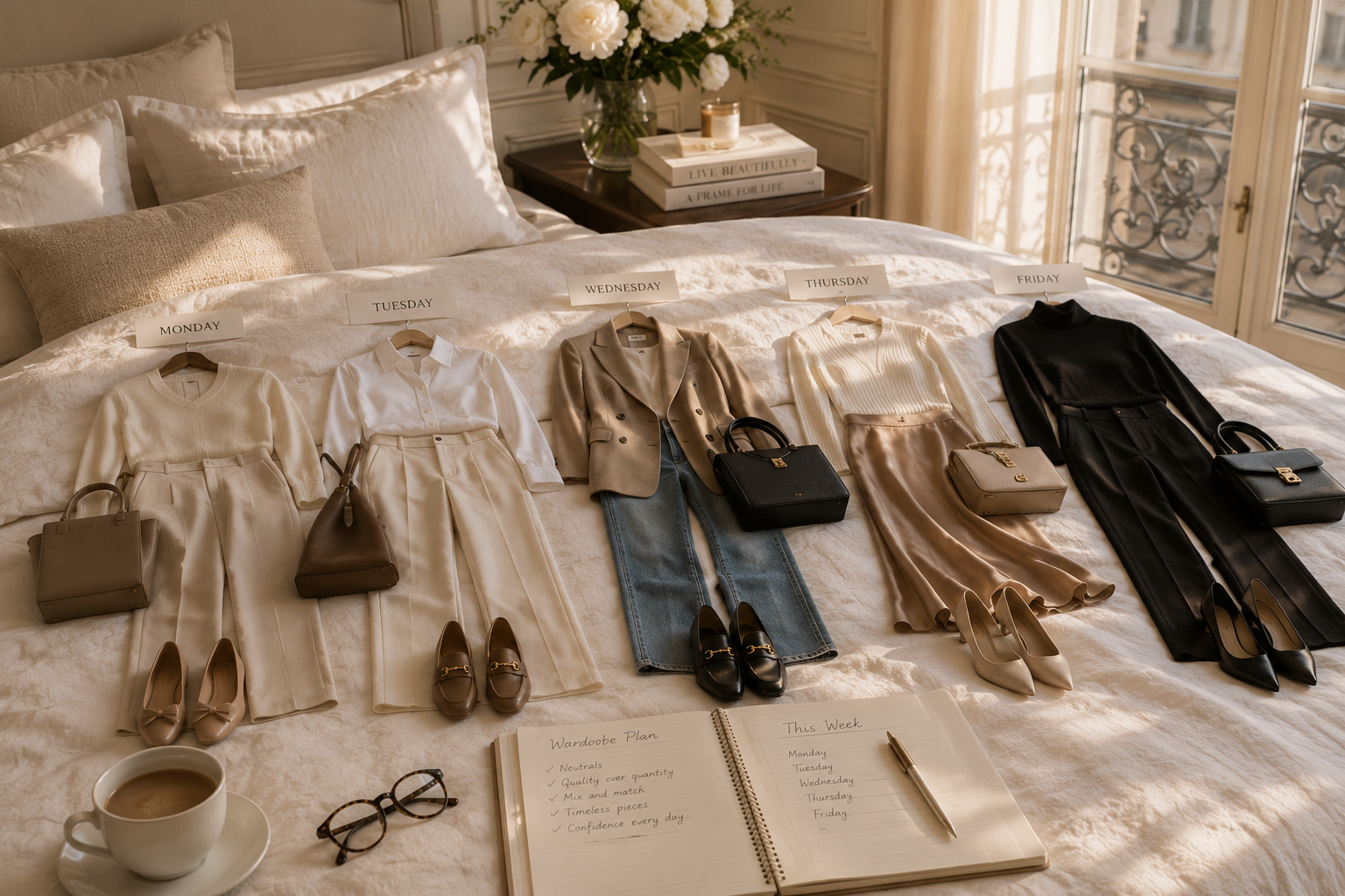 Timeless capsule wardrobe with neutral pieces and textures