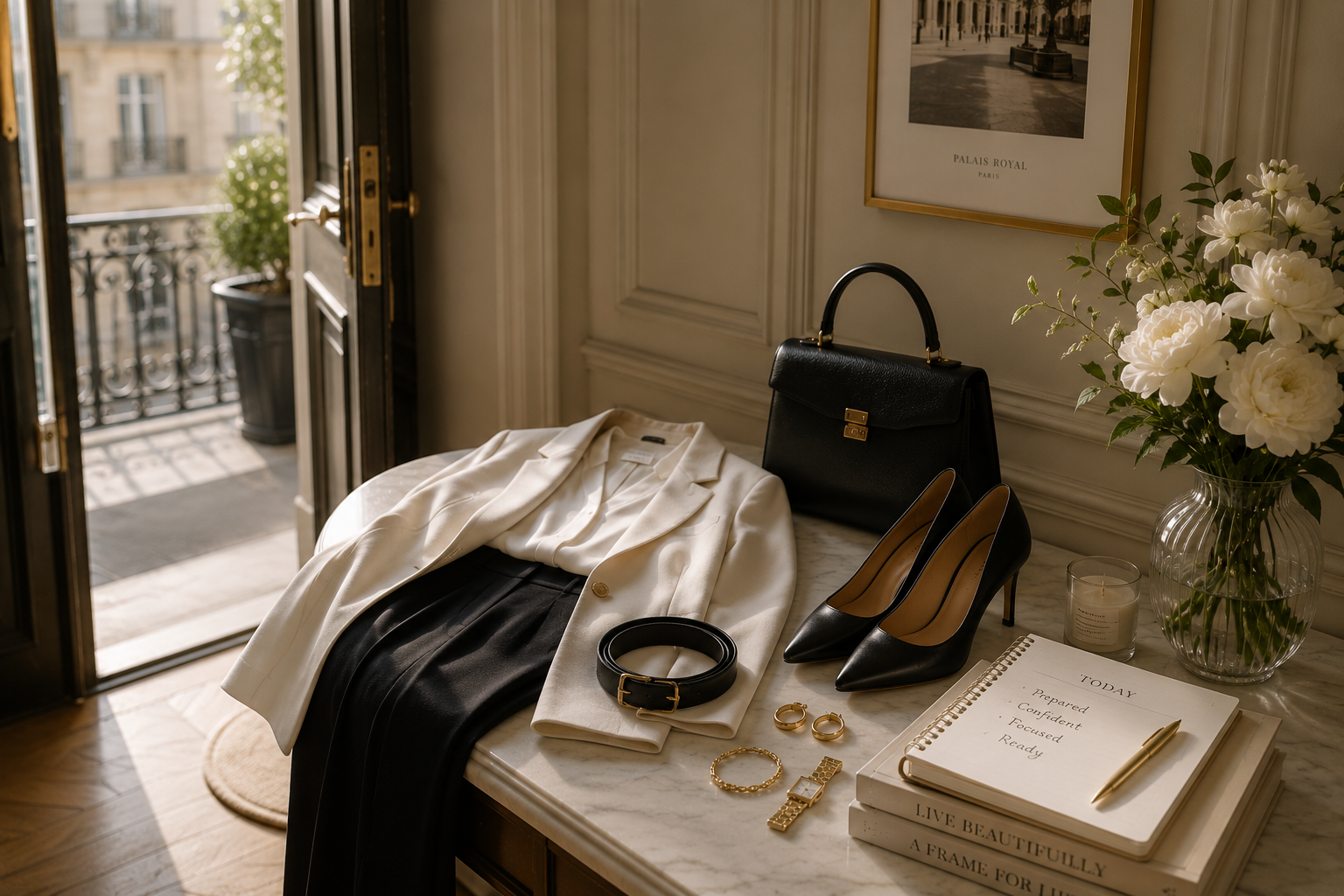 Timeless accessories, books and flowers in a refined interior